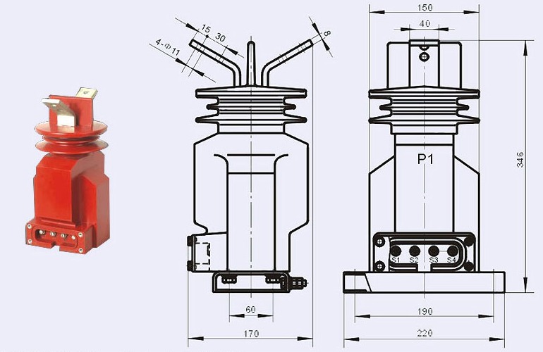 LZZW-10W3型电流互感器外形及安装尺寸