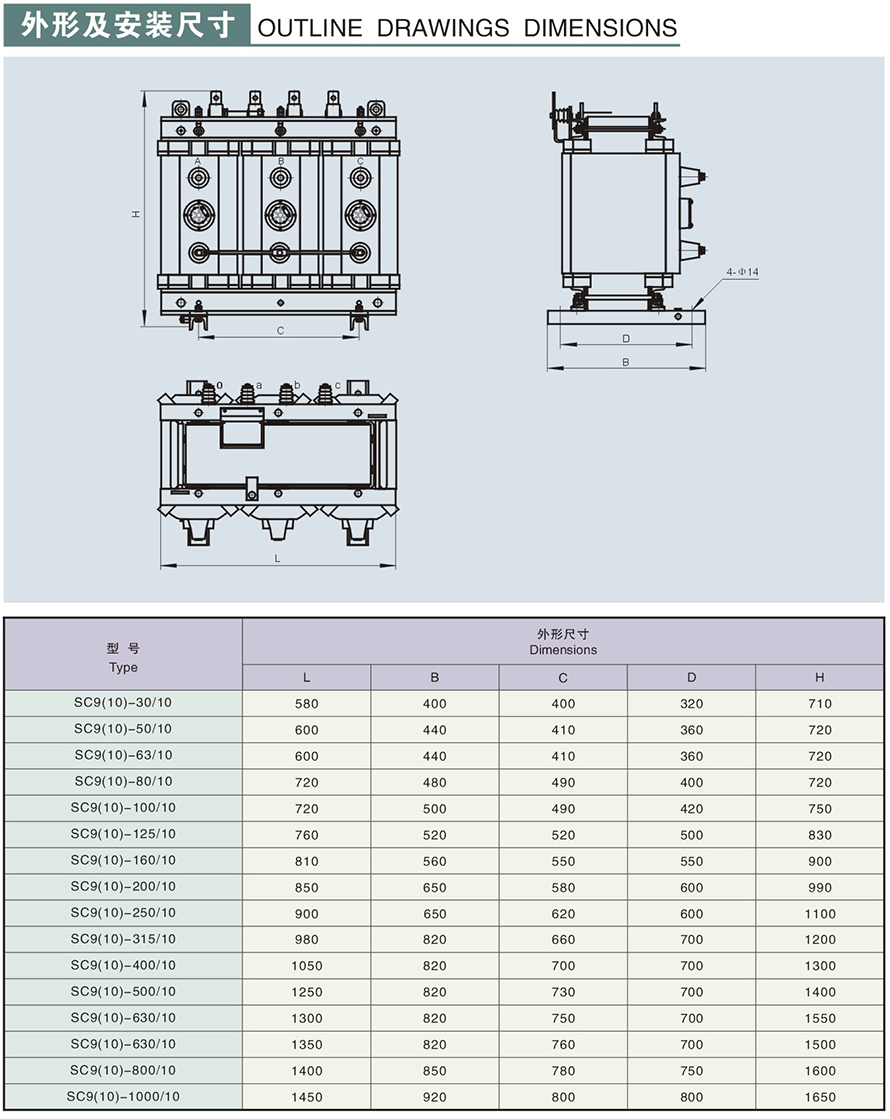 SC9-30/10型干式变压器外形及安装尺寸