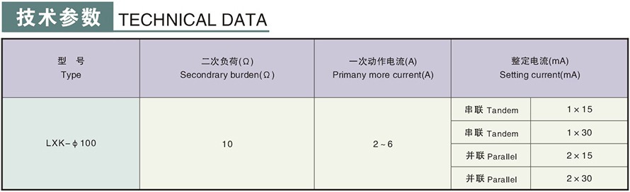 LXK-φ100型零序电流互感器技术参数